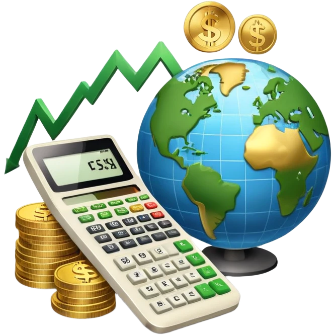 An icon featuring a calculator, a dollar sign, and a chart with upward trends, symbolizing economics. The design includes coins, bills, and a globe, representing global trade and financial systems. Transparent background highlights the study of markets, supply, and demand. emoji