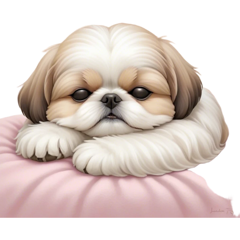 Meme-Worthy Cute Sleeping Shih Tzu Portrait Emoji, Head resting peacefully with a tender, contented smile and eyes delicately closed in serene slumber, showcasing a luxuriously fluffy fur in soft pastel tones, simplified yet irresistibly adorable, highly detailed, glowing with a warm, drowsy radiance, high shine, exuding calm, cozy charm, styled with a gentle, soft glowing outline, capturing the essence of a sleeping Shih Tzu that radiates utterly adorable, sleepy bliss! emoji