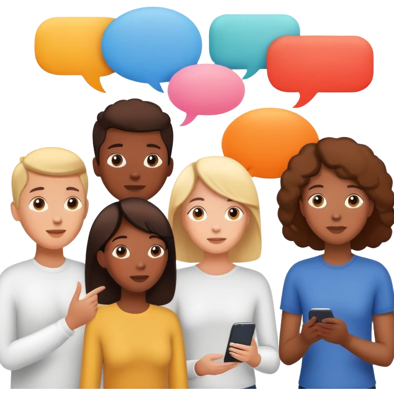 people connected in a group chat with multiple speech bubbles emoji