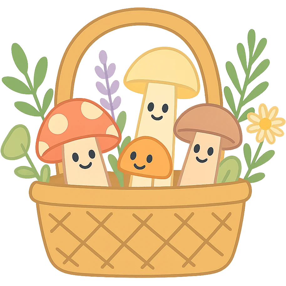 basket full of forest goodies with mushrooms, herbs, flowers in soft pastel colors, pastel-toon style emoji