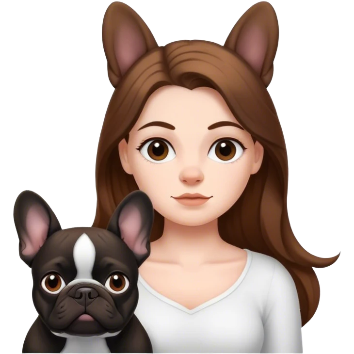 a white girl with brown hair with a black frenchie bulldog with long hair emoji
