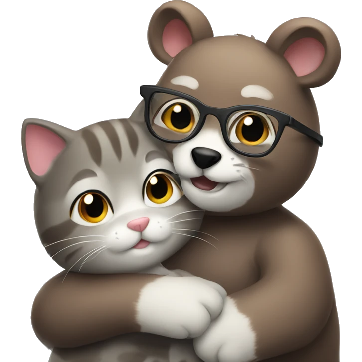 A brown bear cub in glasses hugs a gray cat emoji