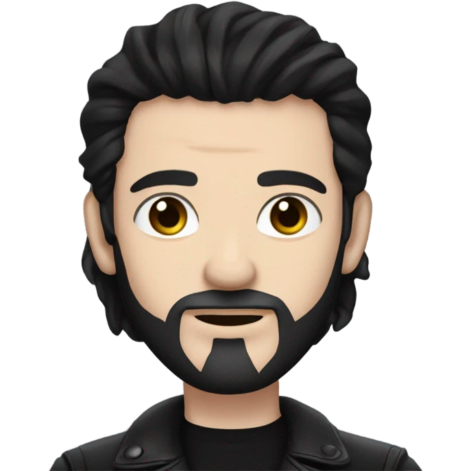  Man with pale skin, very long black hair, black goatee, square jawline, eyeliner, black leather jacket, black pants, black shirt and pentacle necklace emoji