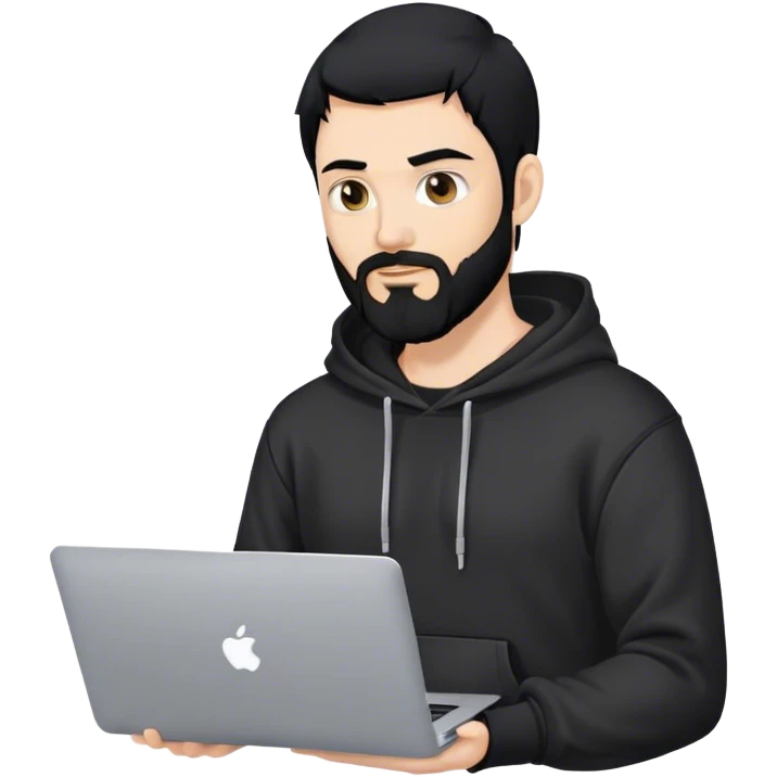 hackeur blanc cheveux noir barbe et capuche noir avec un macbook emoji