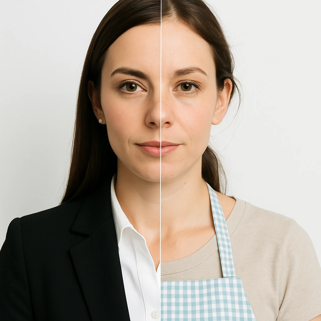 hyper realistic, symmetrical split-image of a woman, left side with office makeup and attire, right side natural, homemaker apron, white background, clear contrast emoji