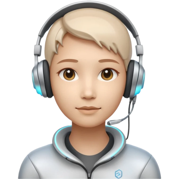 AI Call Agent holo-human-like Cyber AI face, warm, calm and friendly. Holographic look.Soft AI face with a listening, welcoming expression, minimal facial lines, calm eyes. Light headset. emoji