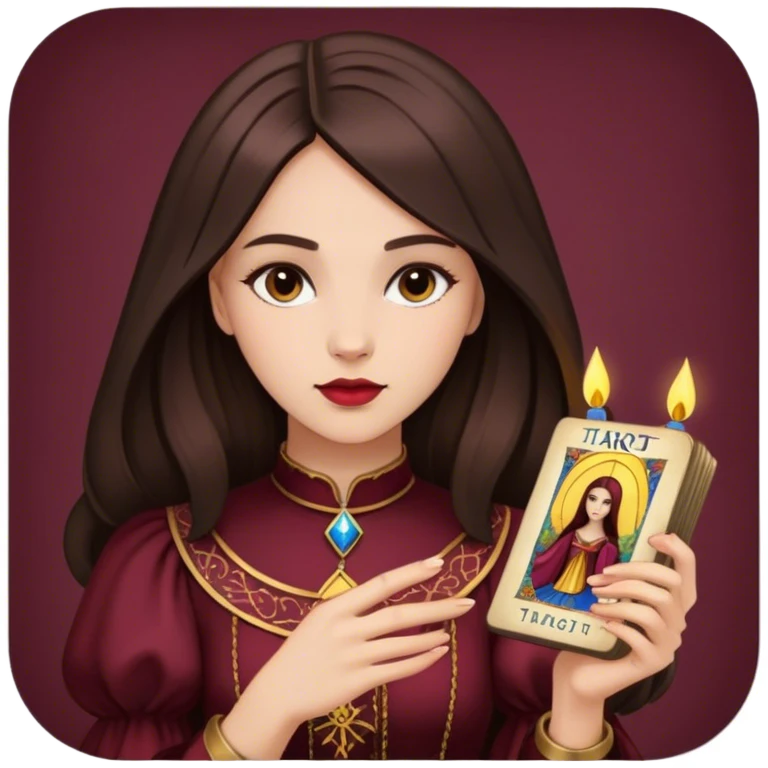 A brunette girl with a square hairstyle reading the Burgundy tarot emoji