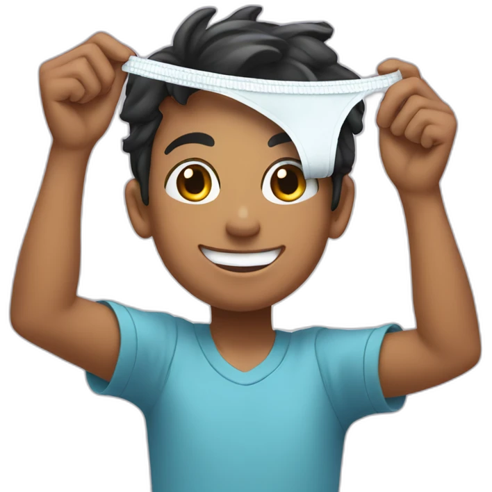 A boy holding up a pair of women's underwear with a smile emoji