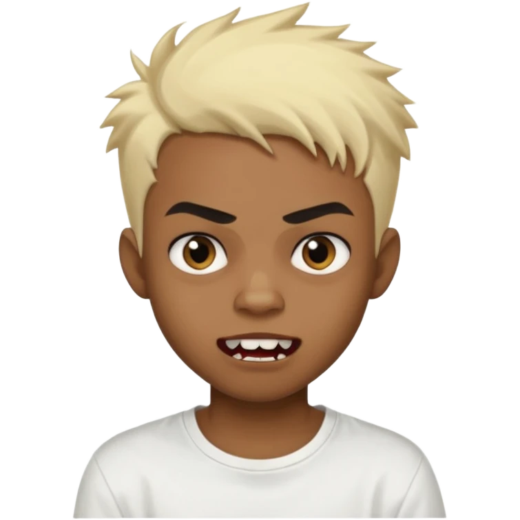 Black Male Teenager with Short punk messy blonde hair, Dark brown bushy eyebrows large expressive golden-brown eyes, wearing a plain white t-shirt, Dark Brown skin color. vampire tooth emoji