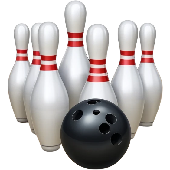 A bowling ball rolling down the lane towards a set of pins, with the pins poised to fall. The scene is set in a bowling alley with bright lights and a polished wooden floor, capturing the excitement and precision of the sport. emoji