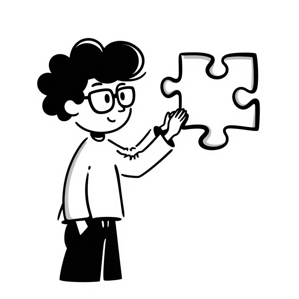 hand-drawn genius boy with wild hair, glasses, and a puzzle piece symbol emoji