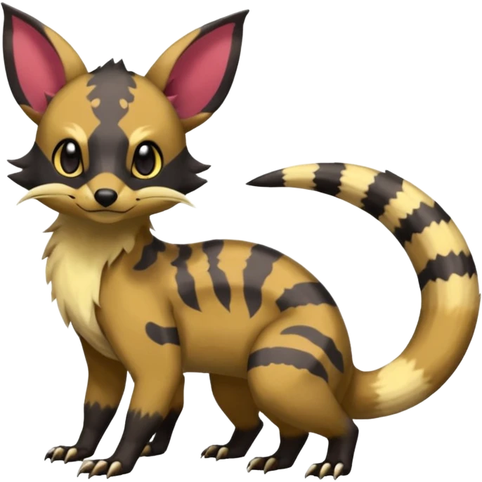 Rare warm-colored exotic cute epic aesthetic colorful Salandit-Eevee-Civet-species-Fakemon-hybrid-creature, with markings, full body emoji