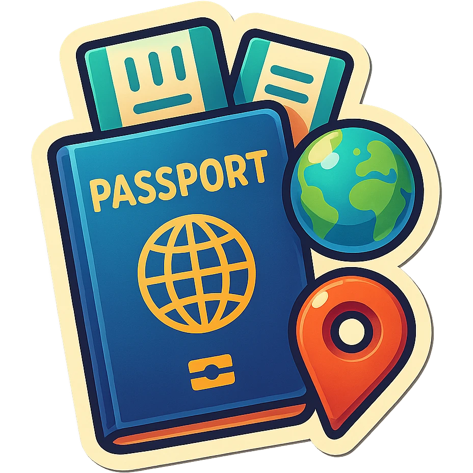 retro sticker-style image of a passport with two tickets, a small globe, and a location pin icon, bold outlines, juicy colors, expressive shadows and highlights emoji
