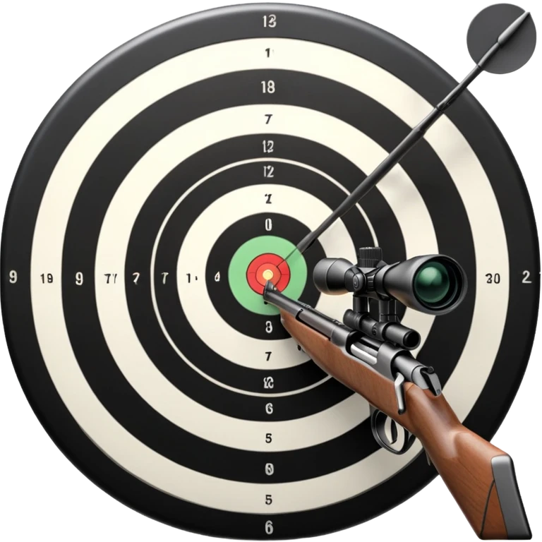 A detailed image of a rifle aimed at a target, with the target's concentric rings clearly visible. The focus is on the precision and accuracy of the sport, with the rifle positioned in front of a neutral background, emphasizing the equipment and the competitive nature of shooting. emoji