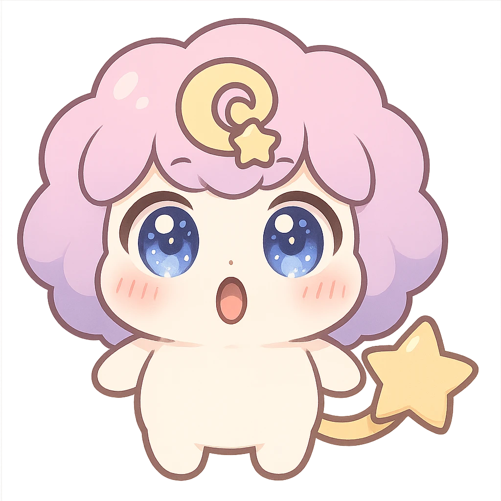 Stella Puff (星星噗噗) kawaii chibi style front view very surprised shocked expression, big sparkling glassy blue-violet eyes wide open, mouth in O shape, puffy pastel pink-purple gradient hair with yellow star swirl, creamy white round body, coral pink blush, short arms and legs, soft golden star tail, clean lines, transparent background emoji