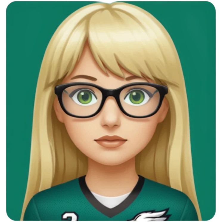 long blonde hair with bangs black rectangle glasses female green eyes football player wearing eagles jersey number 33 emoji