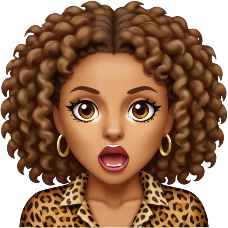 Melanie Brown with brown curls wearing leopard print and growling emoji