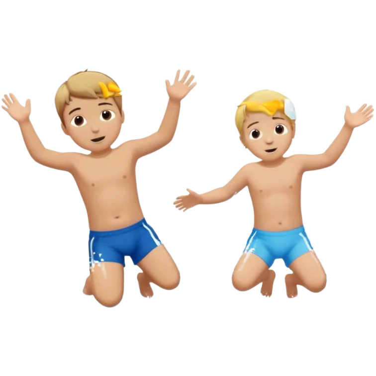 Two blond boys, the third boy with brown hair and a little baby girl with braun hair doing a belly flop in to a pool full of water. Show the pool emoji