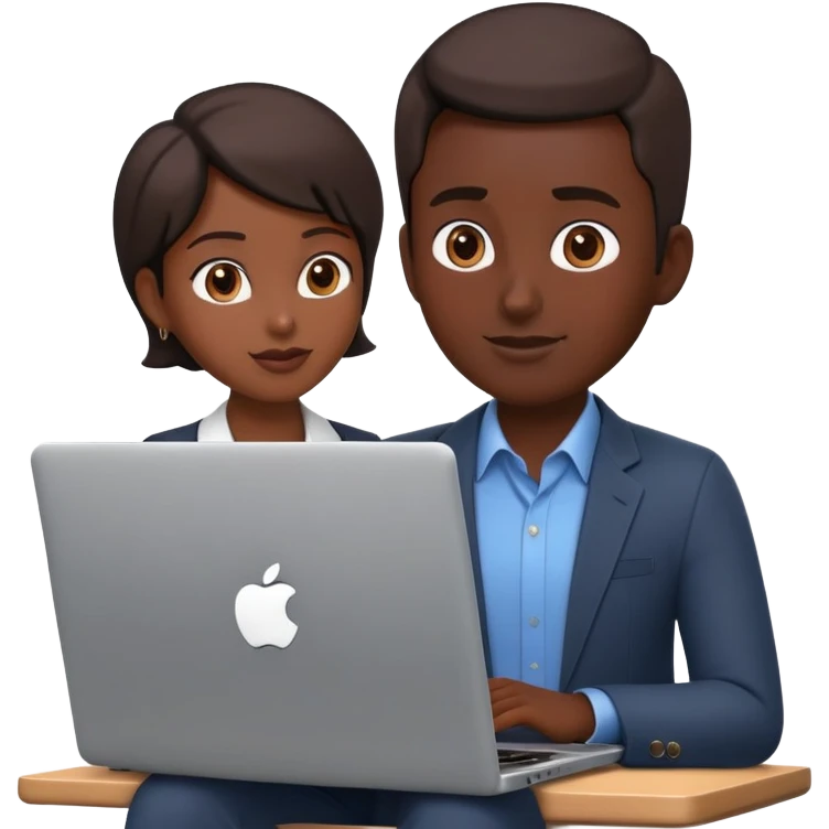 A dark-colored laptop with the screen open. From the screen, a person is emerging, standing or sitting as if giving a lecture or teaching. The person should look expressive and in a teaching pose. Soft shadows, semi-3D Apple emoji style, clean white background. emoji
