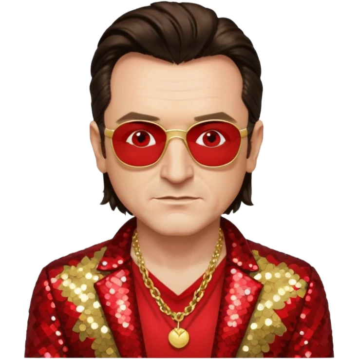 Bono with gold sequin jacket, red shirt with necklace, dark brown medium hair emoji