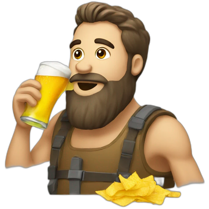bearded man drinking beer and eating chips emoji