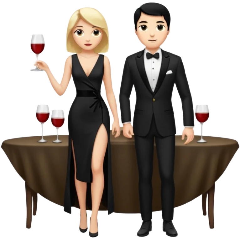 Blonde woman, black, Long, tight, sleveless Dress, Slot left Leg, man, black Hair, in Dinner jacket emoji