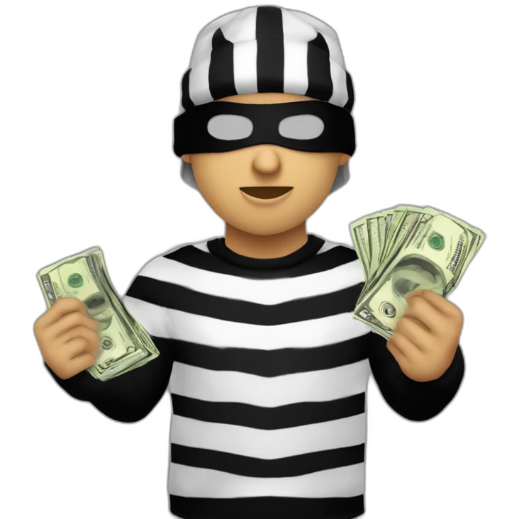 robber with blonde hair wearing a black beanie and a long sleeved white and black horizontally striped t-shirt and wearing black eye mask and holding a bag of money  emoji
