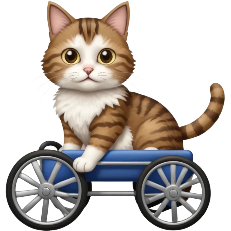 disabled brown tabby and white cat using cat wheelchair emoji
