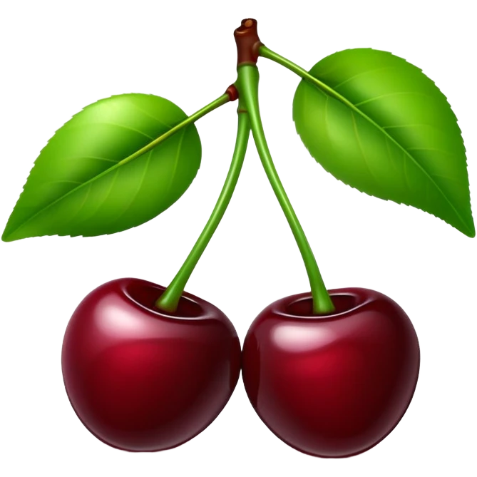 Pair of dark burgundy cherries with green stem, deep rich red color emoji