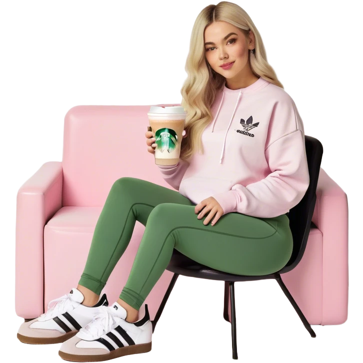 Girl long bright blonde hair middle part with rosy cheeks and plump mauve lips and green colored eyes wearing a white colored sweatshirt and black leggings, adidas OG Samba sneakers sitting in a large pink chair holding a latte emoji