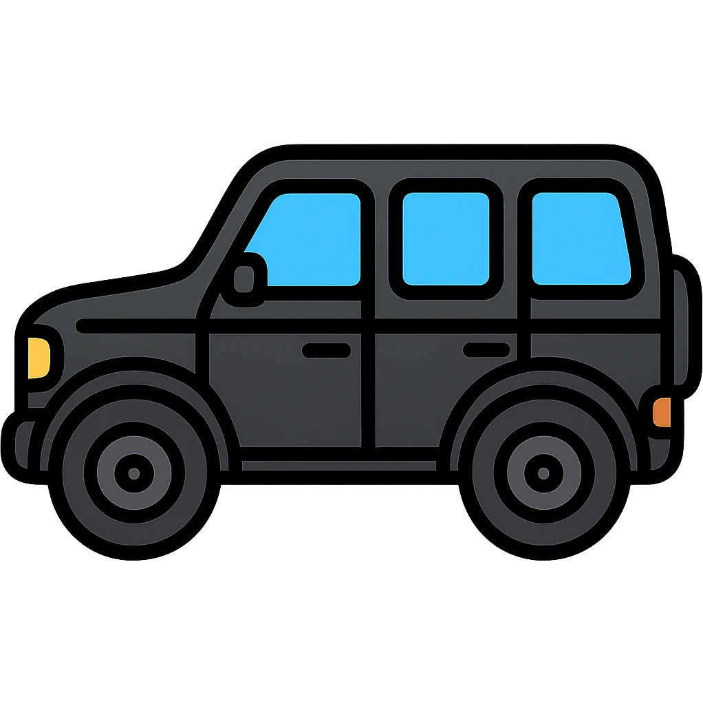Remove all white outline so only the car remains. Keep the simple, cartoonish, minimal, rounded, glossy style with a black body, large windows, and large wheels. No background. emoji