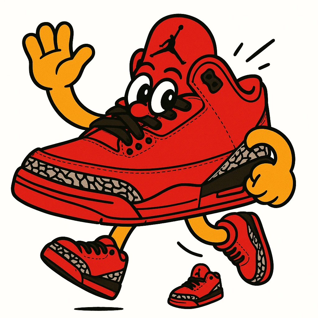 Red DJ Khaled Grateful Air Jordan 3 sneaker with yellow cartoon arms and legs, in a jumping pose, matching the style of the green character. emoji