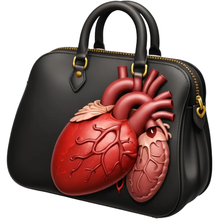A black designer handbag, unzipped and spilling out raw, graphic organs—intestines, heart, liver—wet, and bloodied. violent or visceral extraction. The contents are unmistakably organic and human, with visible veins, texture, and flesh detail.  
 emoji