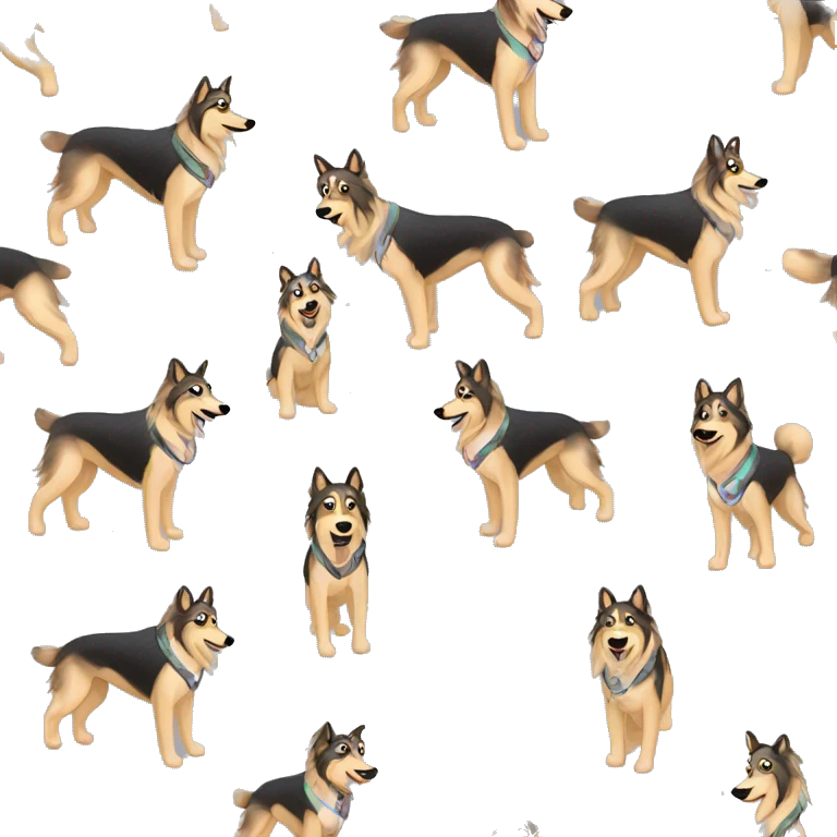 Fluffy dog saluki German shepherd husky with tattoos and holographic harness running emoji