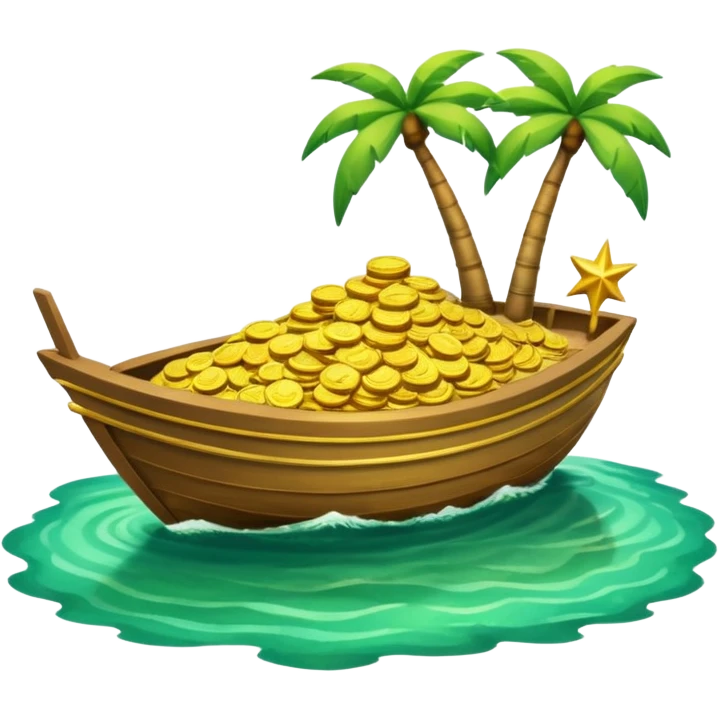 emoji of gold coins on the boat in the sea and an island on the background emoji
