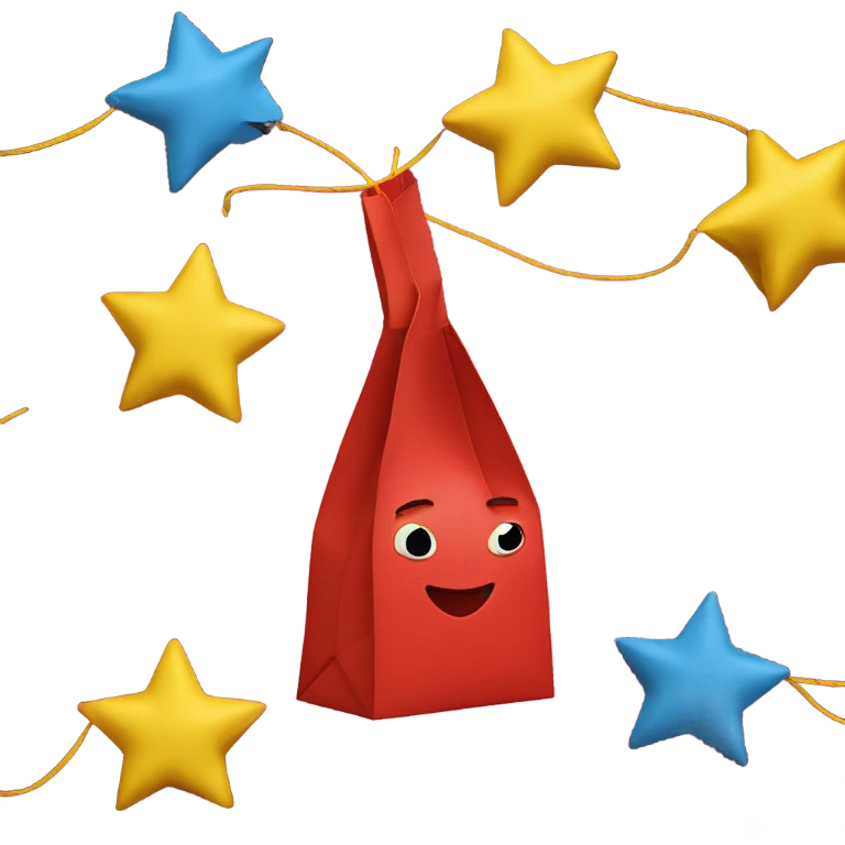 Four-pointed stars pop out of a red paper bag with a yellow string emoji