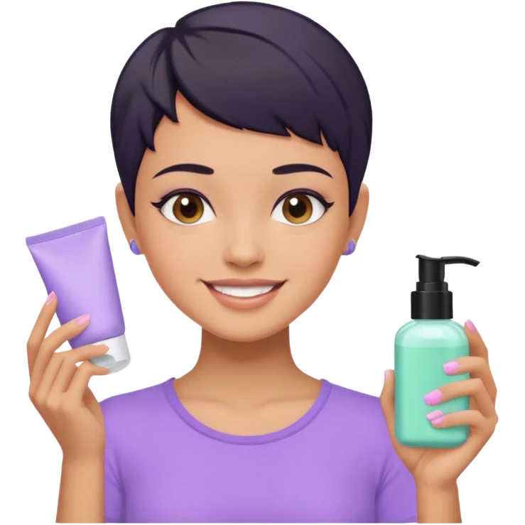 tan girl with pastel purple shirt with black hair & a pixie, doing her skin care emoji