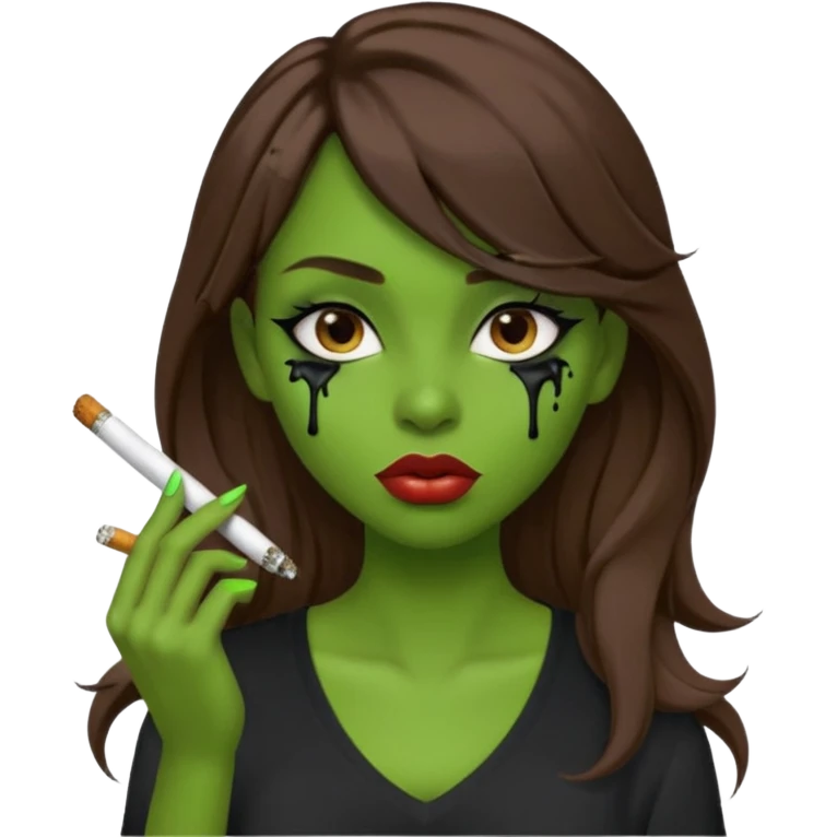 {
  "prompt": "3D cartoon-style green-skinned girl with long brown hair and a side-swept bang. Large brown eyes with black dripping makeup, white V-neck shirt, cigarette in her mouth, dark background. Same proportions and style as the original description.",
  "size": "1024x1024"
} emoji