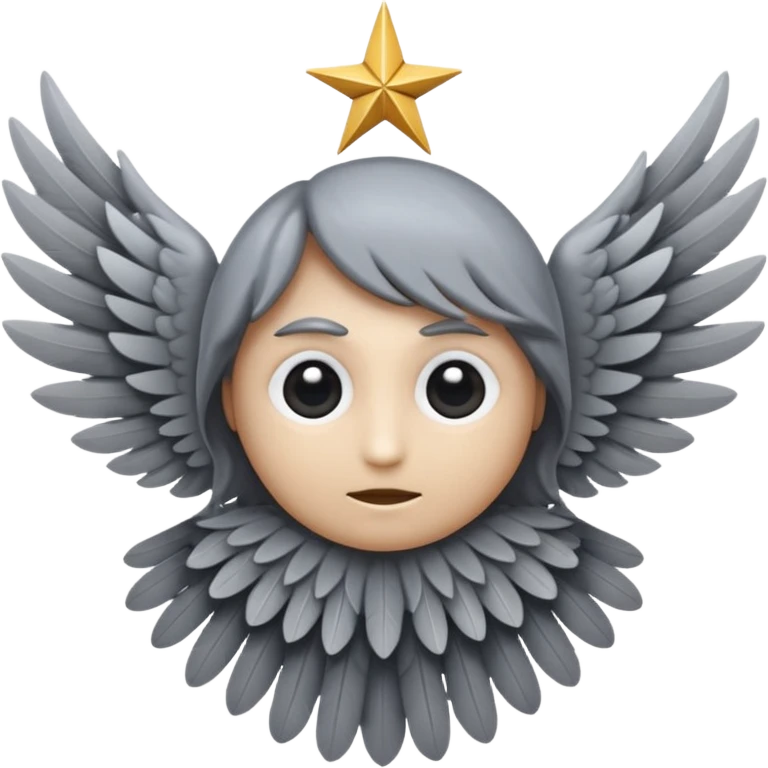 A mystical emoji in the shape of a six-winged angel with gray feathers, no human face, a single large eye in the center, no mouth or facial features, arranged in a star-like pattern, celestial and surreal, iOS emoji style  emoji