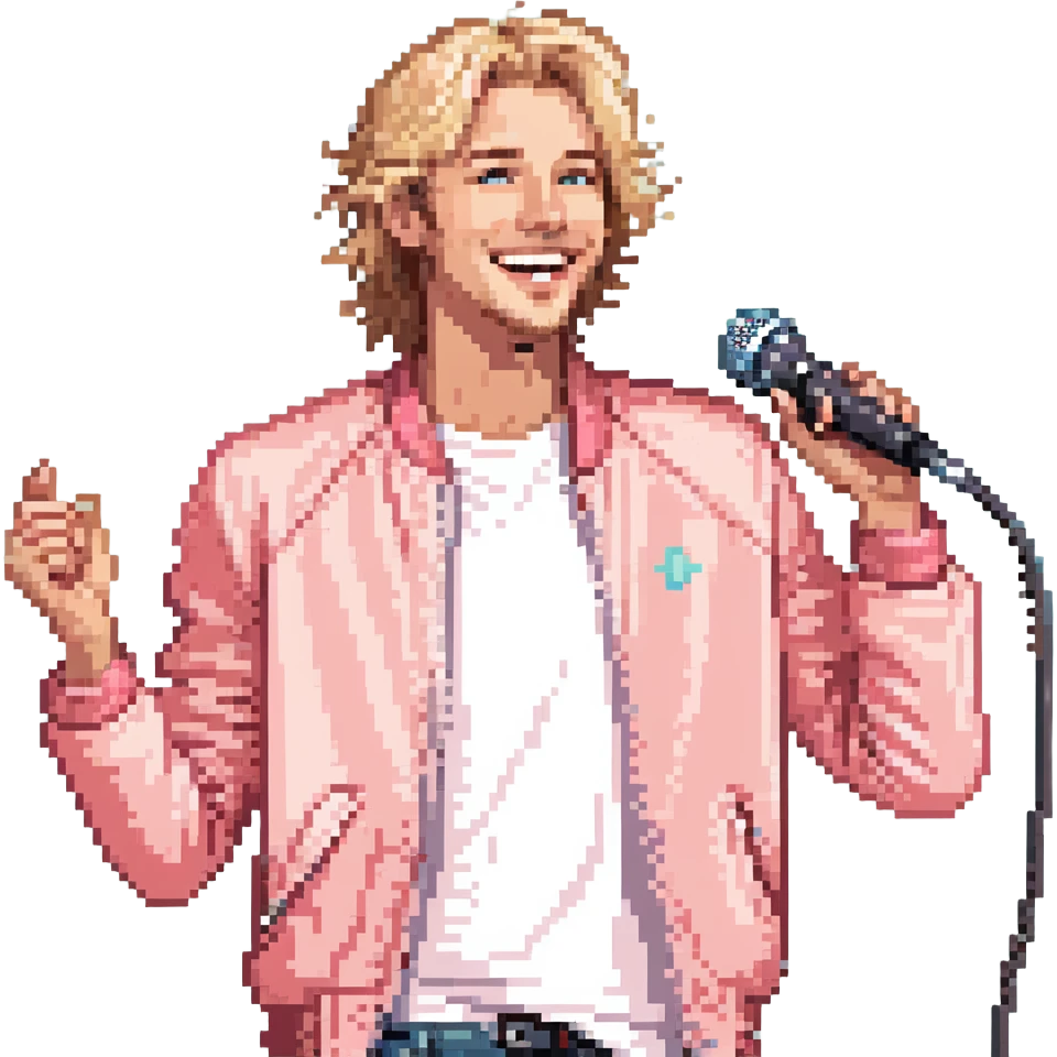 Expressive male performer, Caucasian features, tousled sandy blonde hair, lively eyes, wide cheerful smile, wearing a coral pink jacket over white tee, tossing a microphone in one hand, waist-up, front-facing emoji