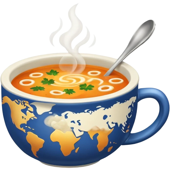 a cup of soup with world pattern emoji