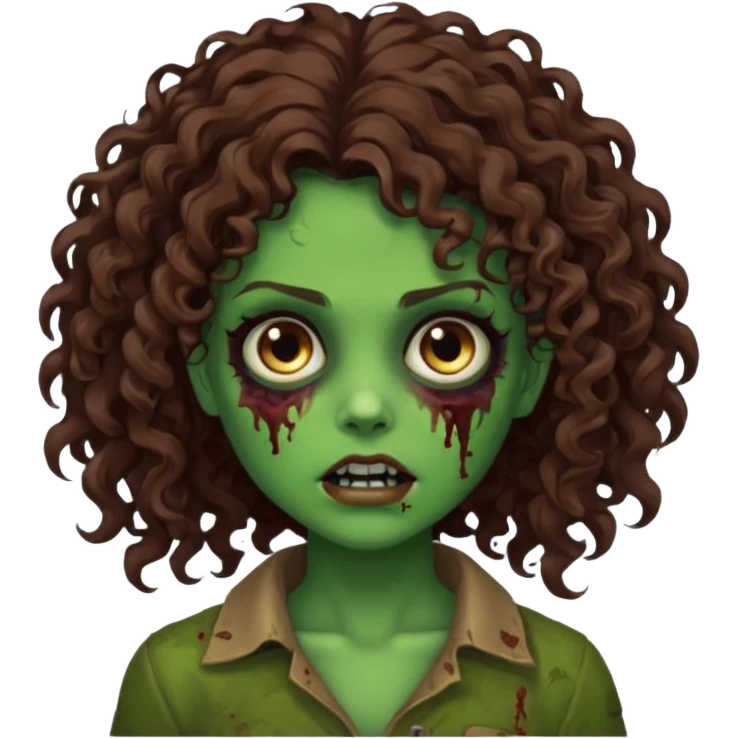 Faça uma garota zombie de cabelo cacheado castanho, olhos castanhos escuro e pele verde d zombie, com o cabelo grande emoji