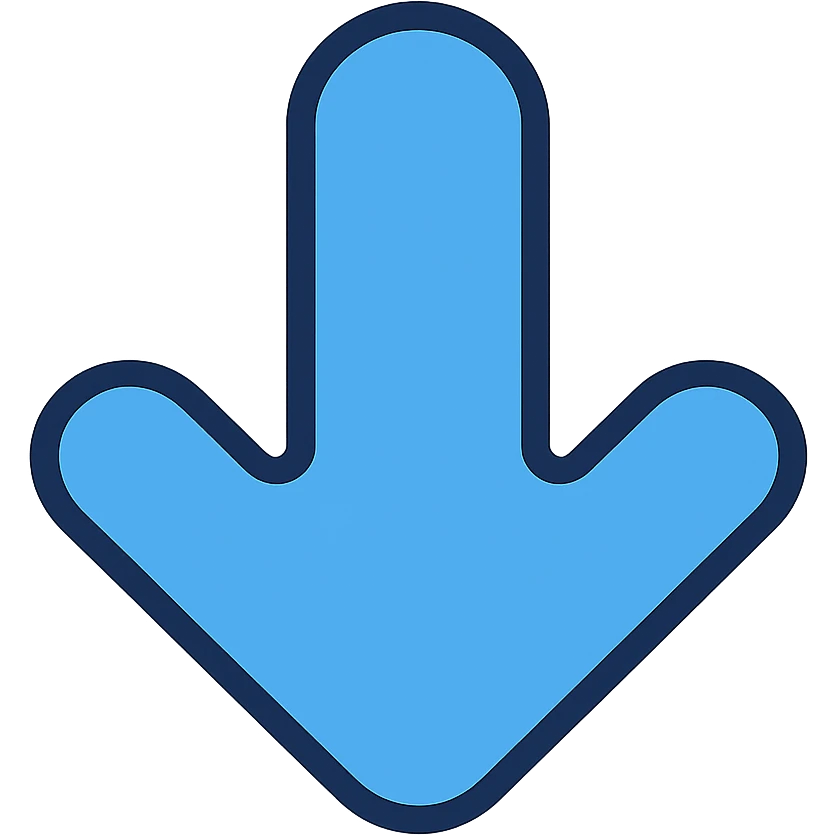 Make the down arrow icon blue, rounded edges, friendly look, no background, transparent background. emoji