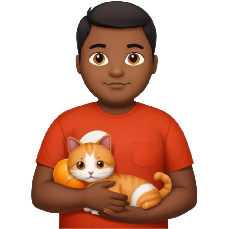 Indian black chubby guy with black middle parted hair in red t-shit with orange cat emoji