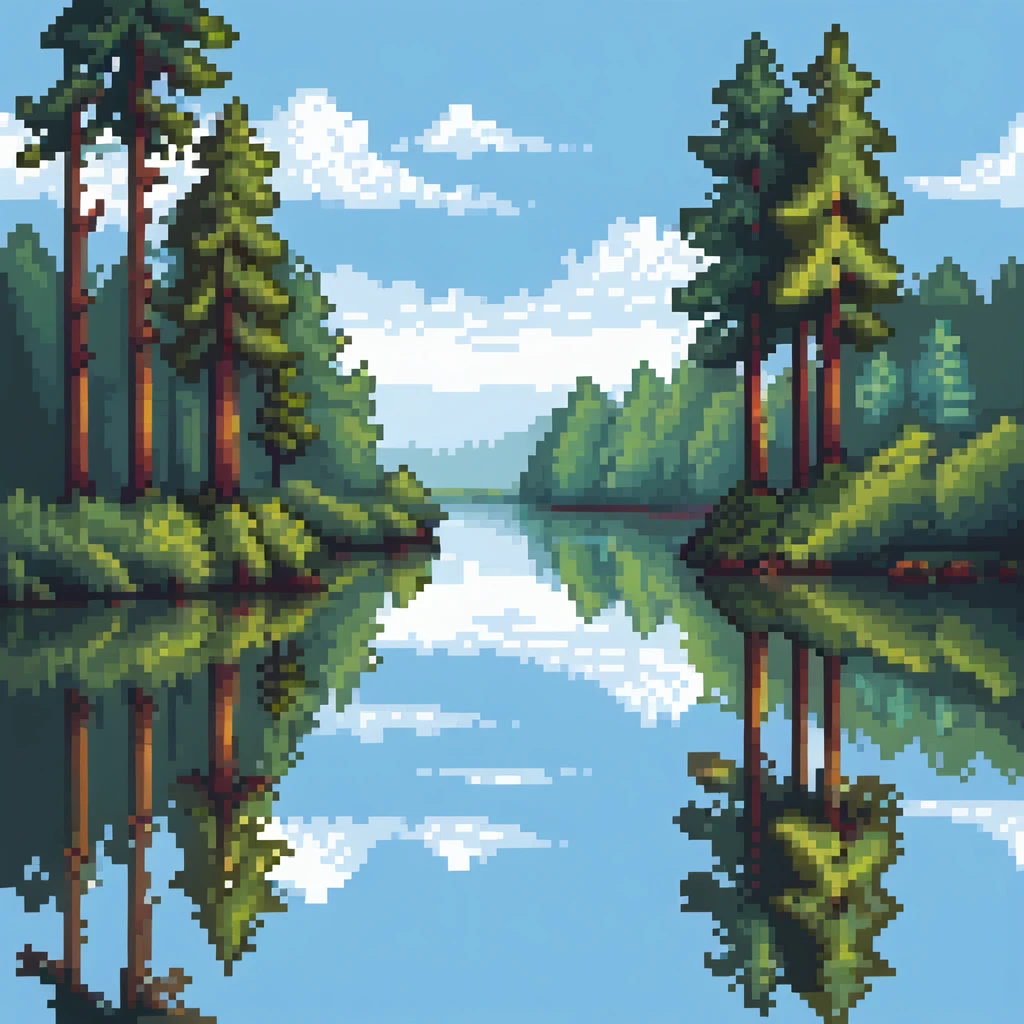 Calm river with reflection of trees and sky emoji