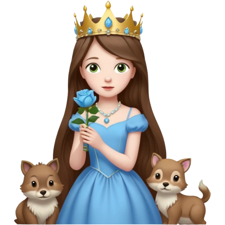 a 12 year old girl with shinny long brown hair and pretty green eyes with pale skin wearing a sky blue gown in a beautiful forest with adorable animals and stunning roses and lilacs surrounding her as she smells the only sky blue rose she is also wearing a crown that has pearls emoji