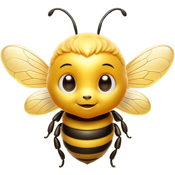 Cinematic Cute Bee Portrait Emoji, Head tilted playfully and inquisitively, featuring a delightfully small, fuzzy body with bright, shimmering eyes and adorable, delicate wings, Simplified yet irresistibly adorable features, highly detailed, glowing with a warm, inviting glow, high shine, affectionate and lively, stylized with a touch of whimsical honeyed charm, soft glowing outline, capturing the essence of a mischievous bee that seems as if it could buzz out of the screen into your arms! emoji