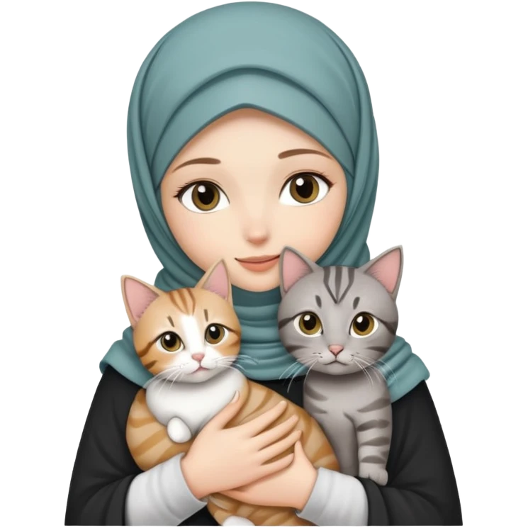 White girl wearing pretty hijab holding a black grey tabby cat while standing emoji