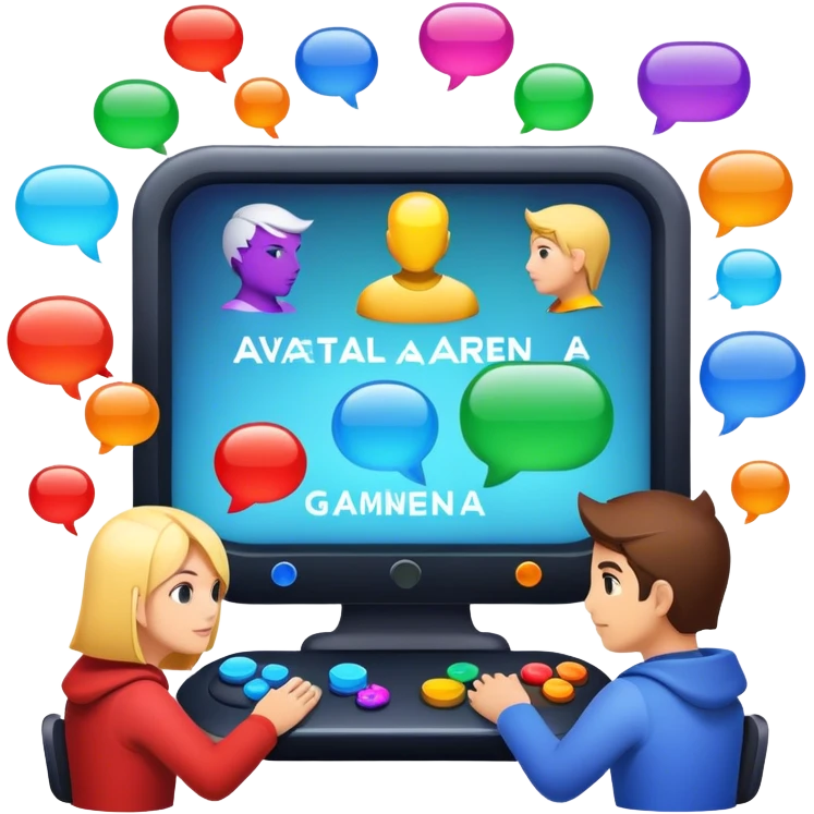 An icon representing multiplayer gaming, featuring a digital arena where diverse characters compete or cooperate. Avatars, chat bubbles, and team icons symbolize online interaction. A game HUD displays player stats, emphasizing teamwork and rivalry. Transparent background. emoji