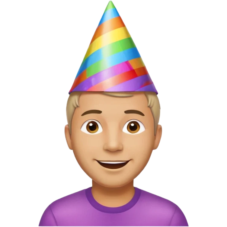 Adult man, short hair, rainbow birthday party hat, cheerful expression emoji
